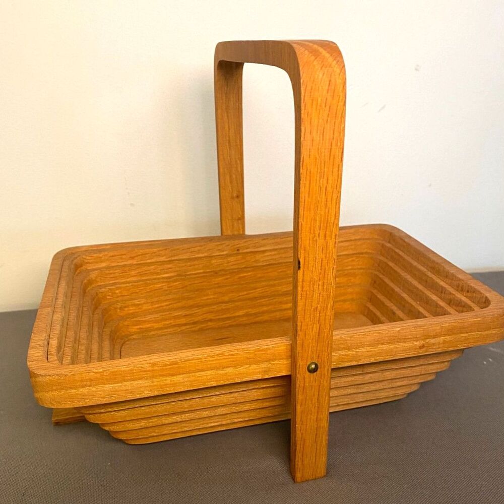 Vintage John Keim Amish Wood Collapsible Basket Rectangular Fruit Bowl Trivet